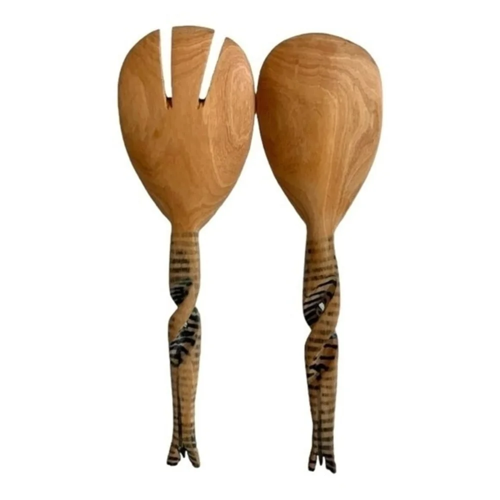 Set 2 Hand-Carved Zebra Wood Salad Serving Hands 11